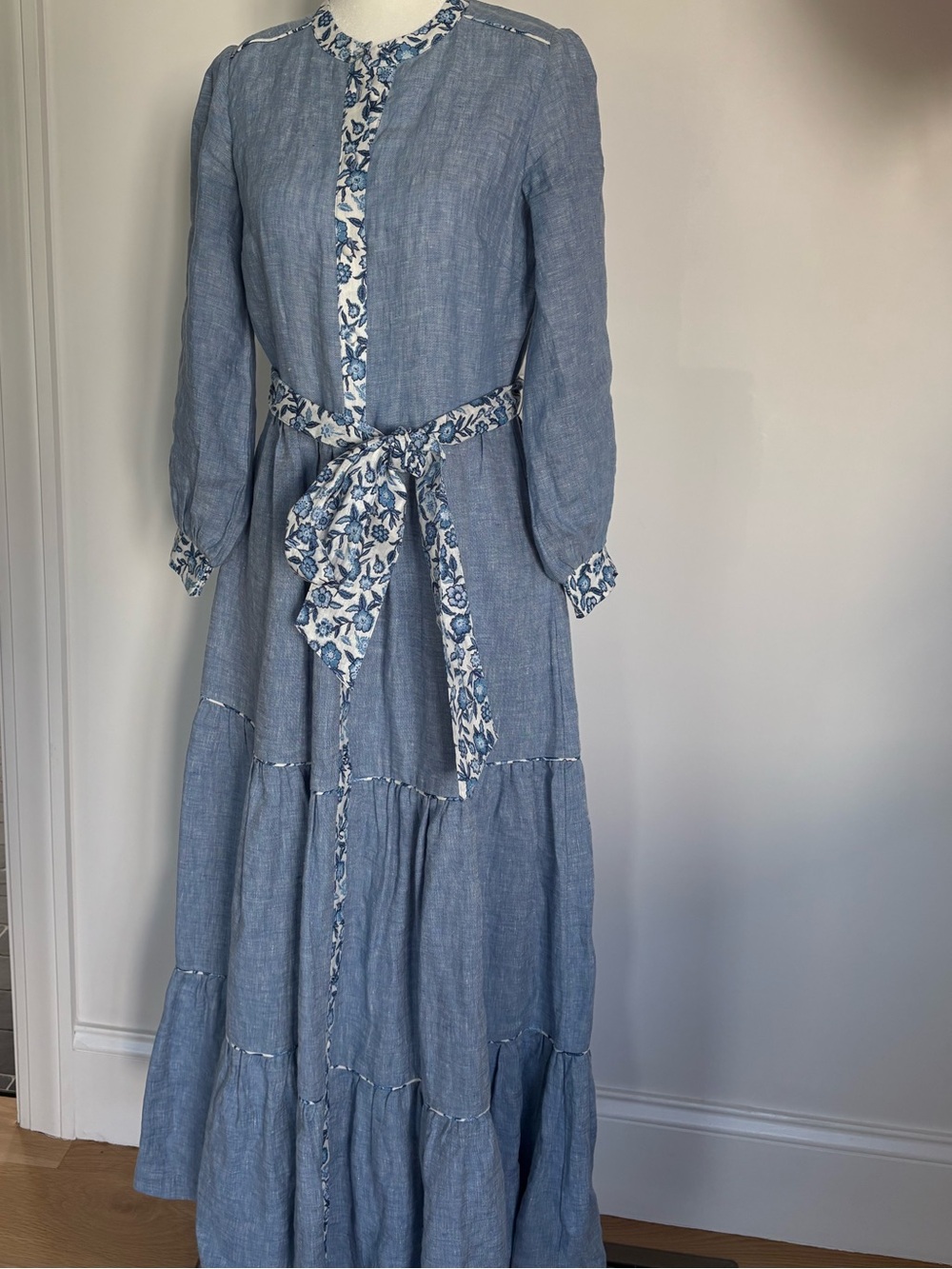 Boden Blue Floral-Trim Maxi Dress with Tie Waist
